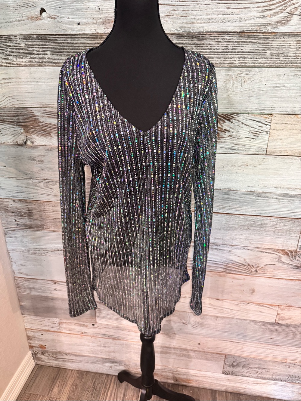 NWT Minette Sparkling Sheer V-Neck Holographic Ribbed Top - Black/Silver